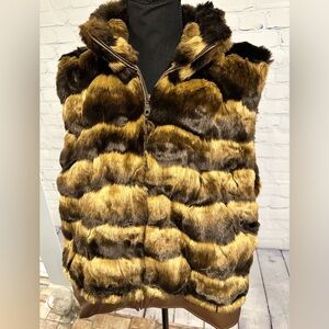 Chico’s Faux Fur Vest, Carmel and Chocolate Brown, Faux Leather Trim, size XXL